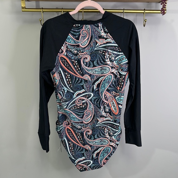 Relleciga - Black and Paisley Floral Long Sleeve Swimsuit - Picture 2 of 6